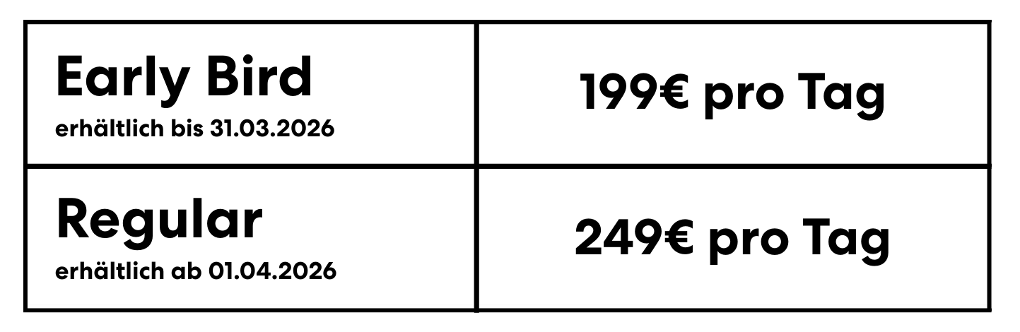 Early Bird Tickets bis April für 199€. Regular Tickets ab April für 249€.